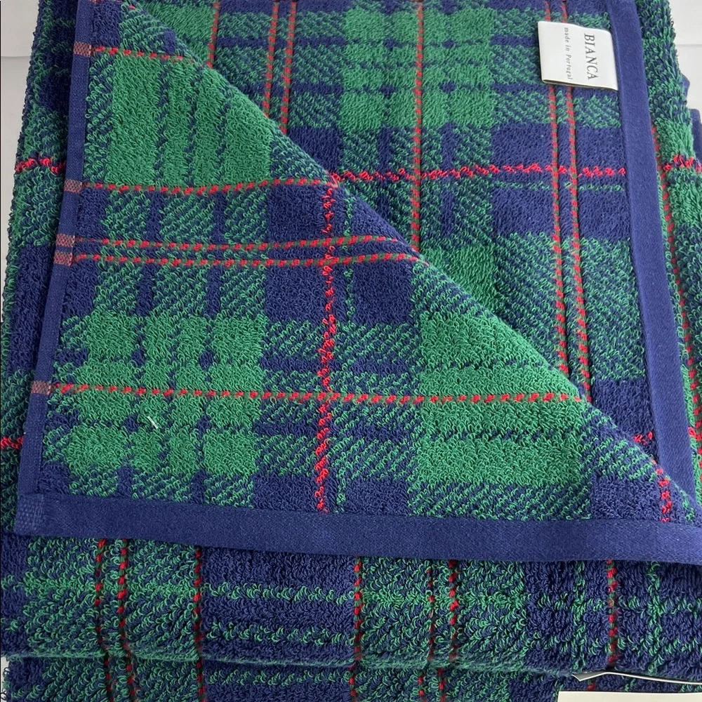 Bianca Bath Towel Set Plaid Green Blue Red Tartan Made in Portugal 3Pc Set NEW